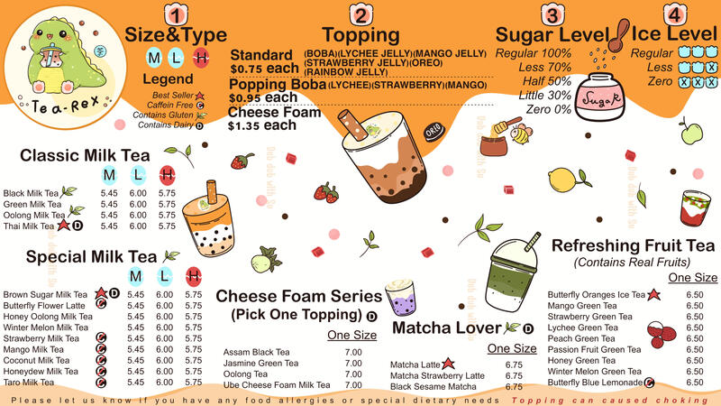 Tea-Rex Menu Page 1